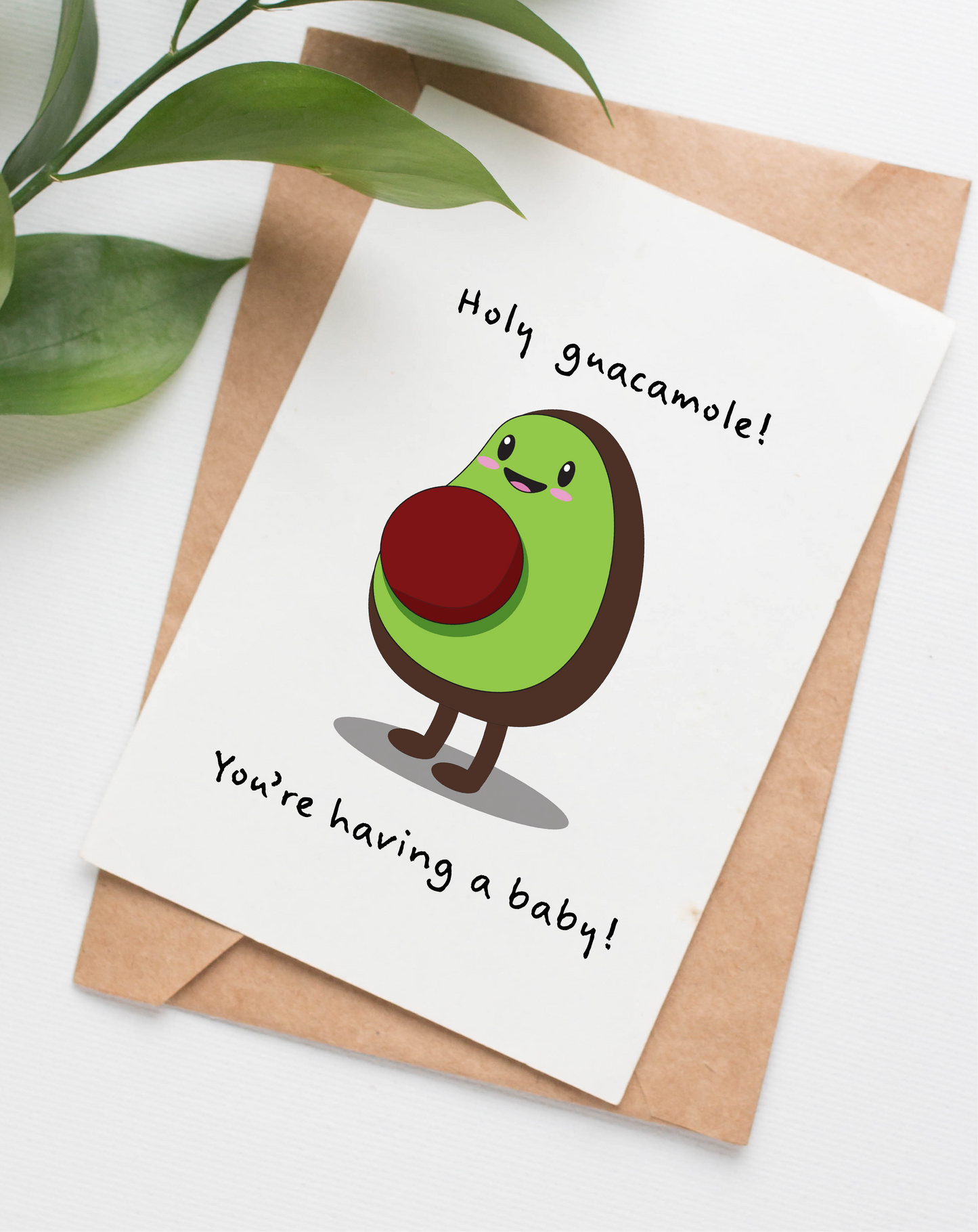 Handmade in Canada baby greeting card with cartoon avocado and text 'Holy guacamole! You're having a baby!' on a white background.