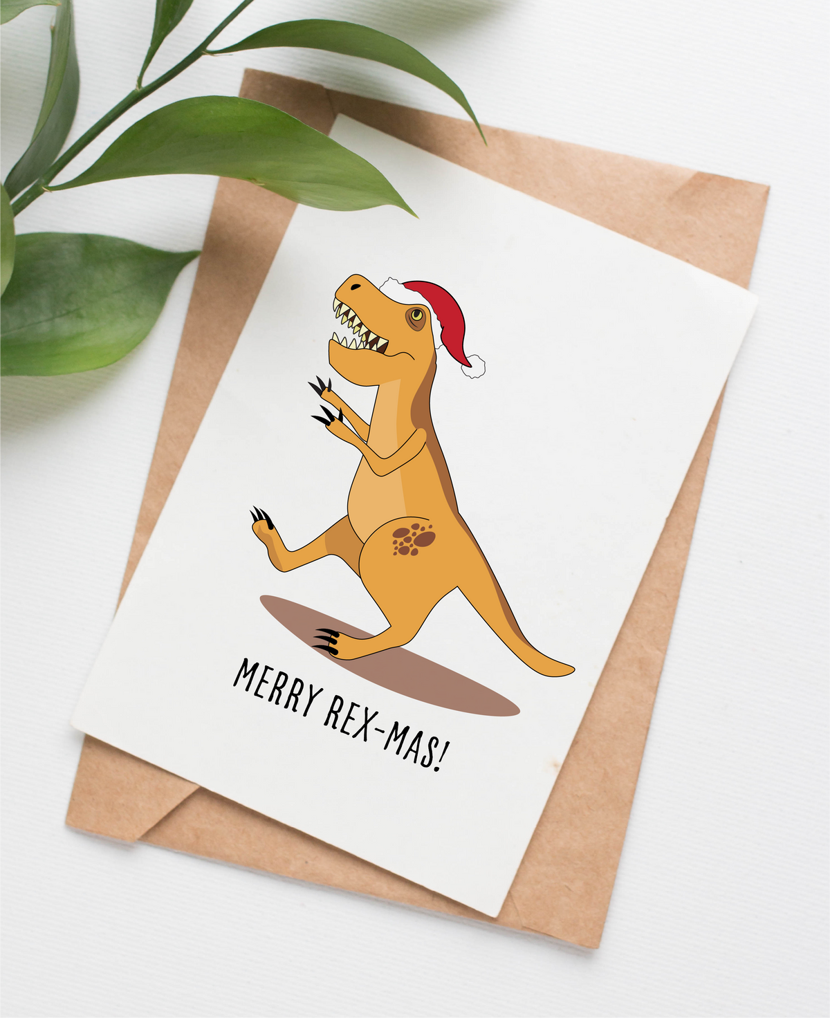 Card shows an illustrated Tyrannosaurus Rex wearing a Santa hat above the caption "Merry Rex-mas!"