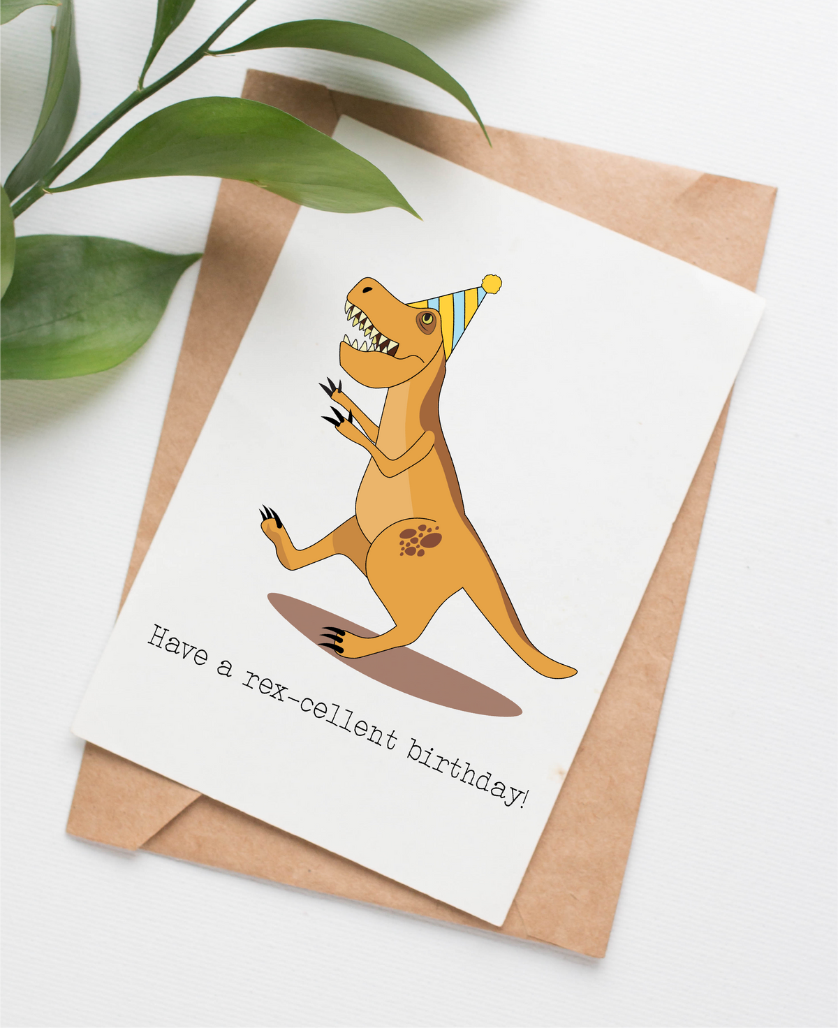 Card shows an illustrated T-Rex in a birthday hat with the caption "Have a rex-cellent birthday!"
