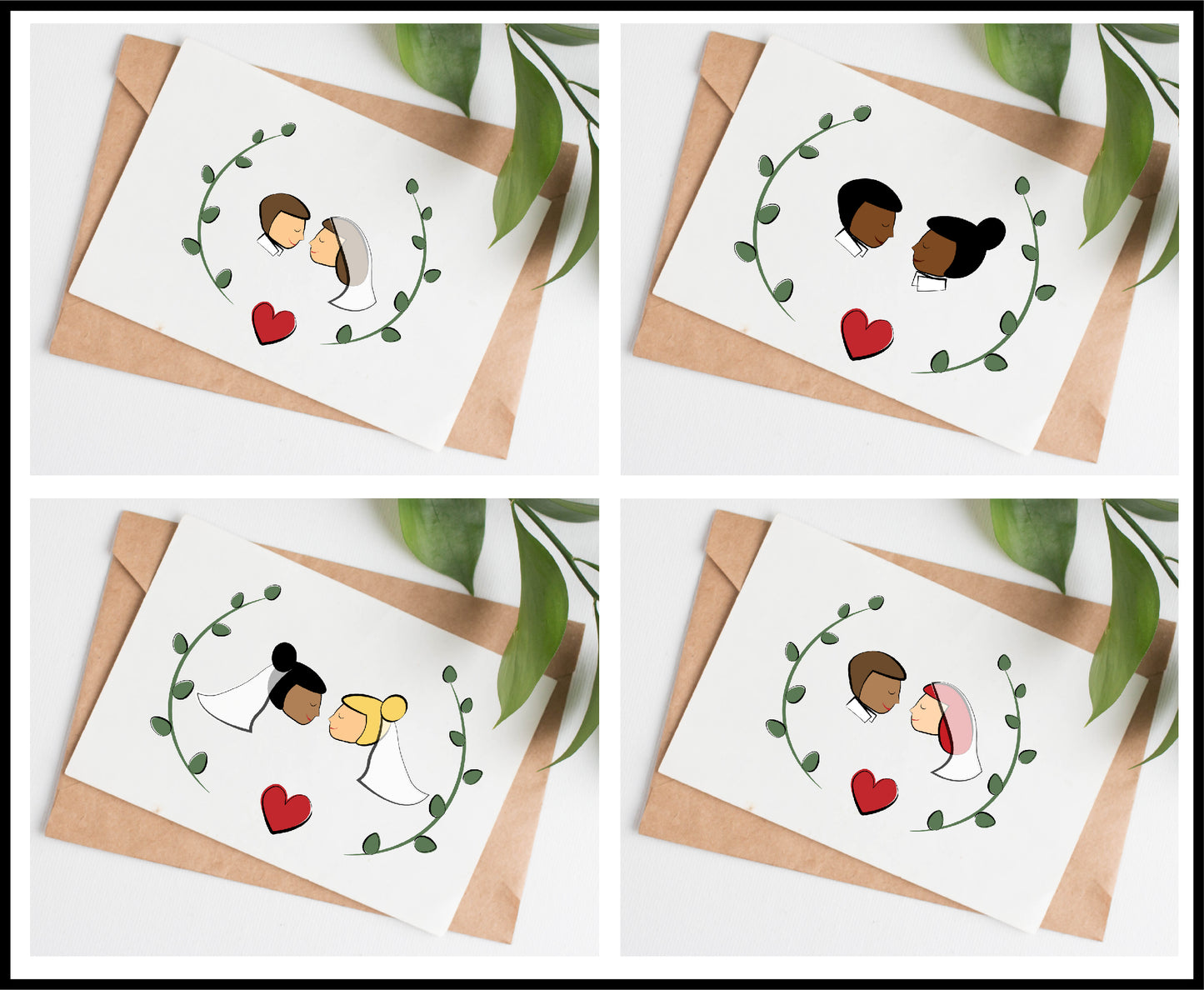This wedding card is handmade in Canada. The image shows four possible options for a personalized greeting card. Each card shows two women with various skin tones, hair styles, veil styles, and hair colors.