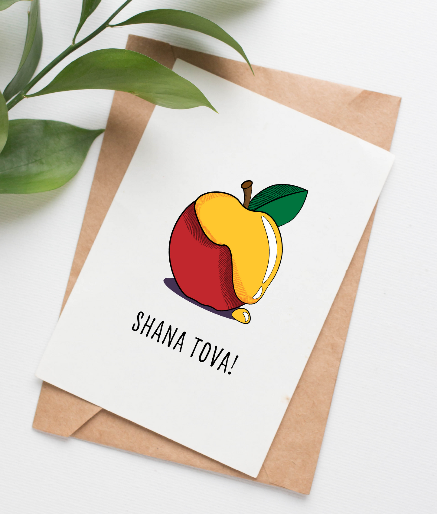 This handmade Rosh Hashanah greeting card is made in Canada. The card features a modern, vividly colored illustration of an apple topped with honey, two symbols of the Jewish new year. The caption says "Shana tova!"