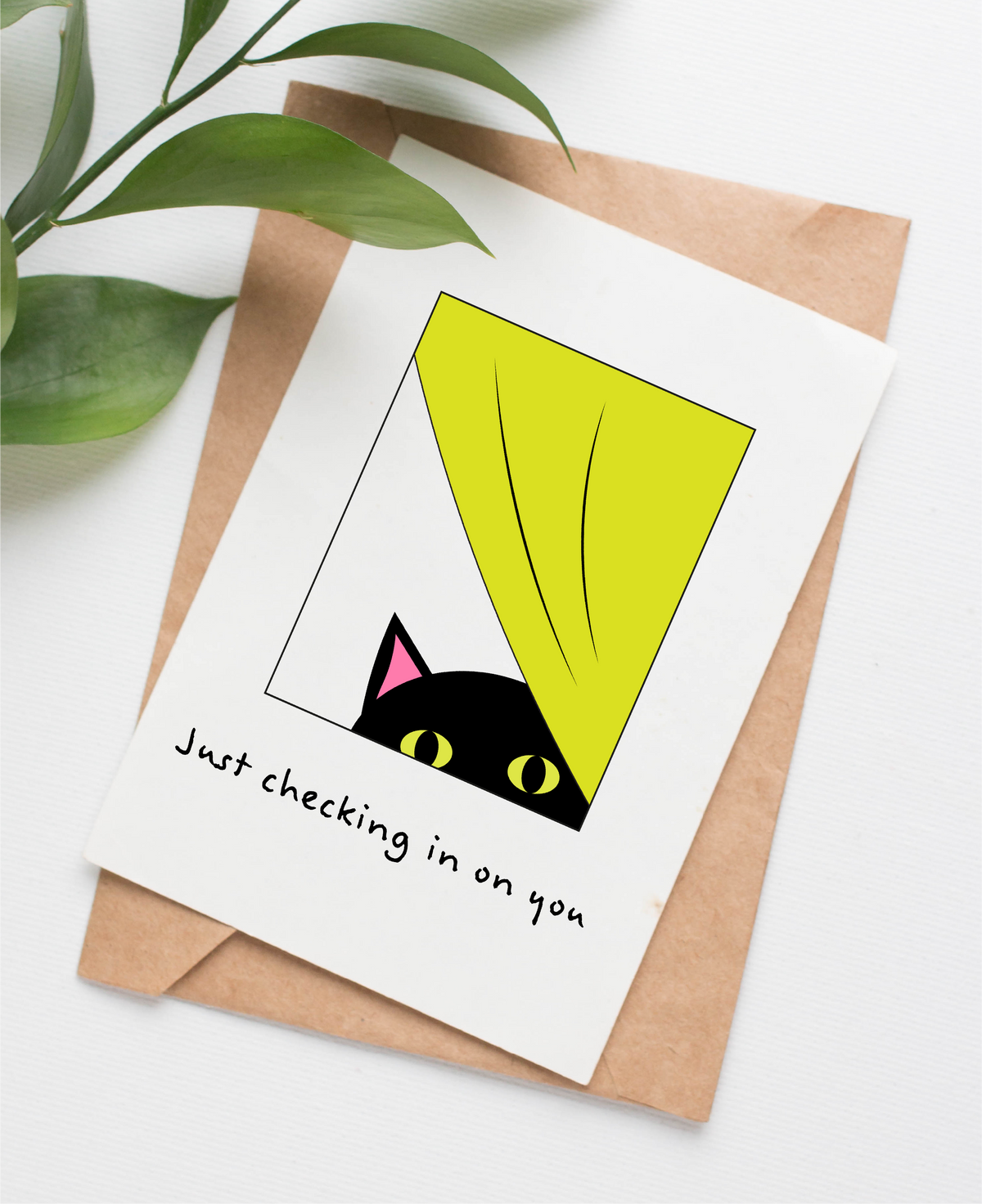 Card shows an illustrated black cat peeking out of a window partially covered by a yellow curtain. The caption below says "Just checking in on you."