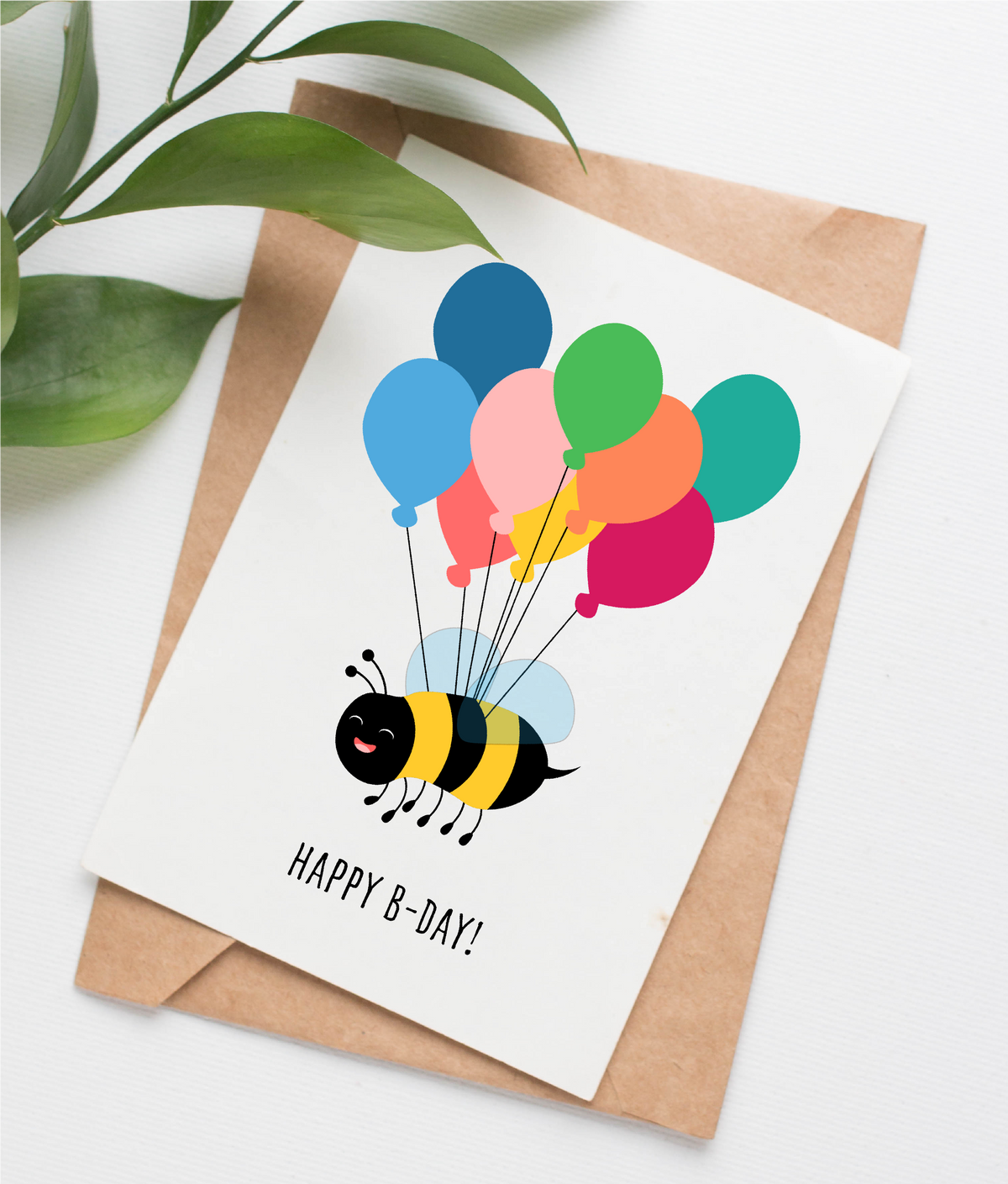 Greeting card featuring an illustrated bumblebee and colourful balloons. Text reads “Happy B-Day!”