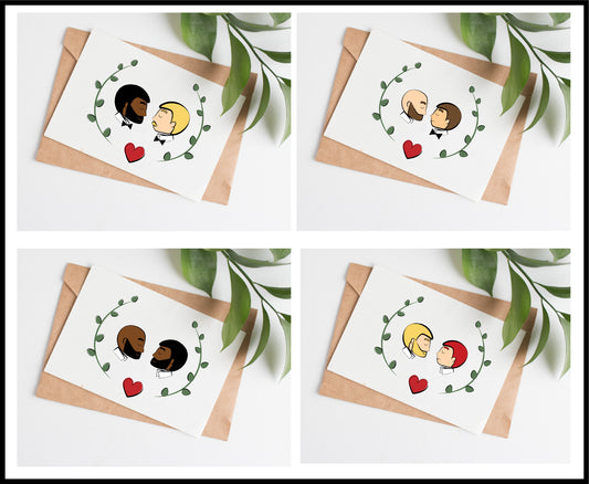 This image shows options for a gay wedding card that can be personalized. The 4 options provide examples of customization options, with grooms with different skin tones, clothing, and hairstyles.