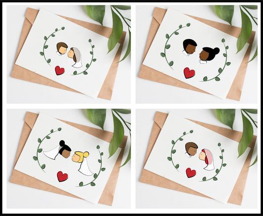 This wedding card is handmade in Canada. The image shows four possible options for a personalized greeting card. Each card shows two women with various skin tones, hair styles, veil styles, and hair colors. 